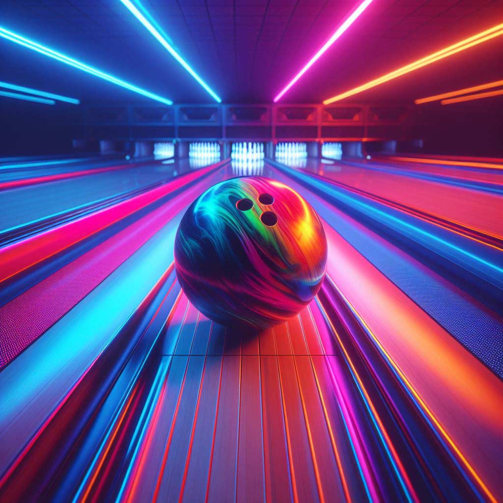 A shiny bowling ball rolling fast down a bowling lane lit up with bright neon lights in shades of pink, green, and blue. The lights reflect off the smooth surface of the ball.