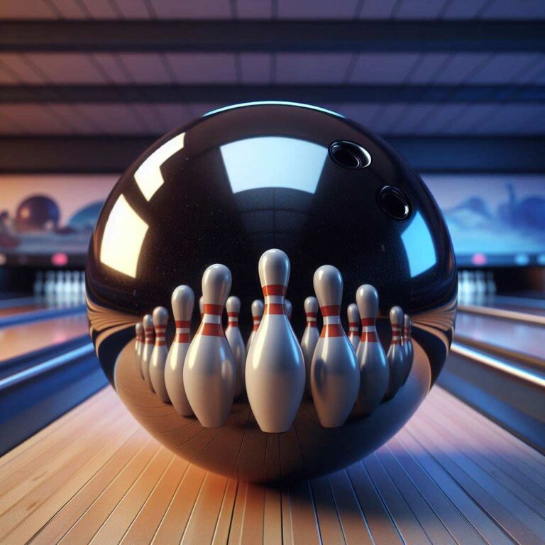 Glossy urethane bowling ball reflecting bowling pins