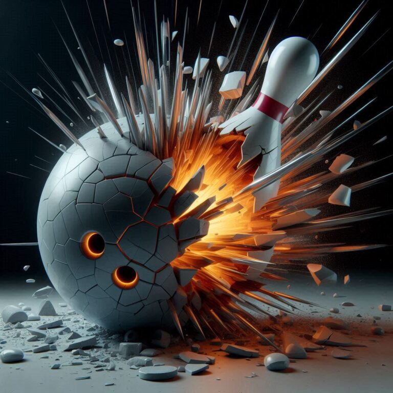 Bowling ball shattering into pieces showing explosive asymmetric core