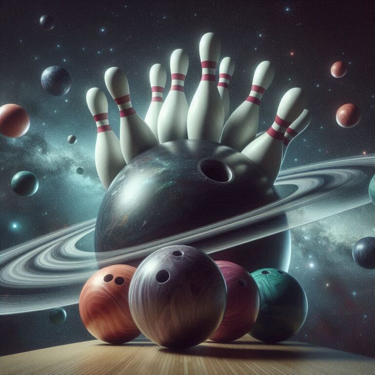 Surreal ebonite urethane bowling balls orbiting giant cosmic bowling pin planet