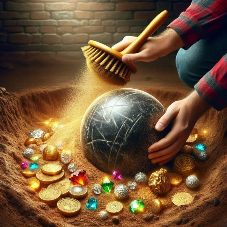 An archaeologist brushes dust off an unearthed vintage bowling ball surrounded by jewels and gold coins, symbolizing the potential value in old bowling collectibles